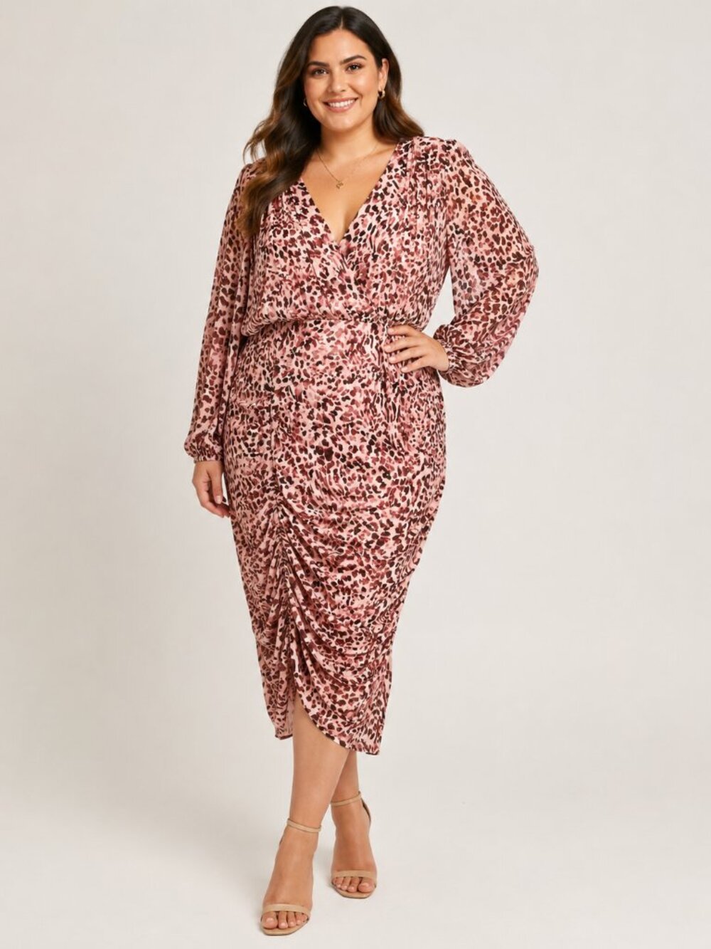 VENUS Pink Leopard Animal Print Ruched Bodycon Midi Dress V Neck 3/4 Sleeve